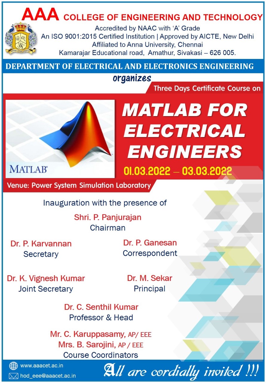 Certification Course on “MATLAB for Electrical Engineers” – 01/03/2022 ...